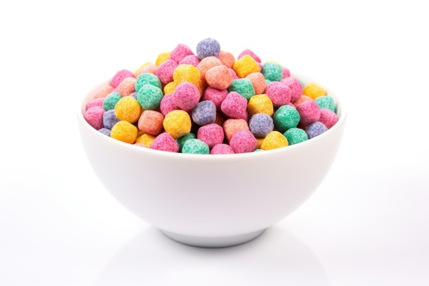 Multicolored cereals in a bowl on white background