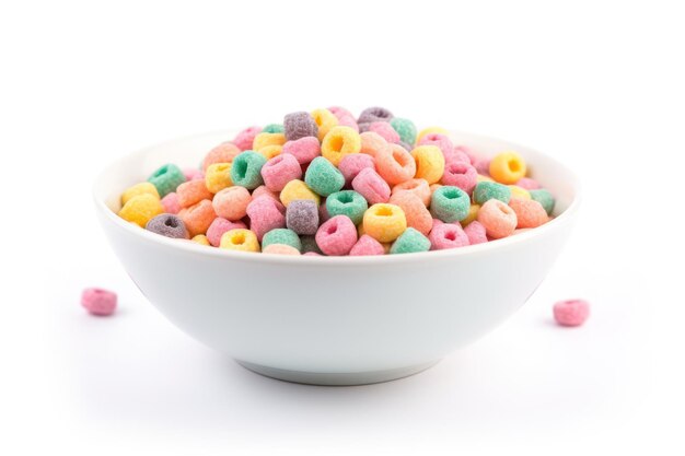 Multicolored cereals in a bowl on white background