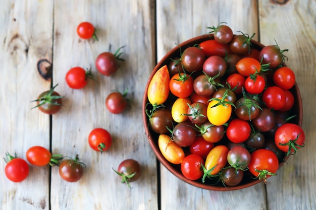 Multicolored cherry tomatoes in a bowl