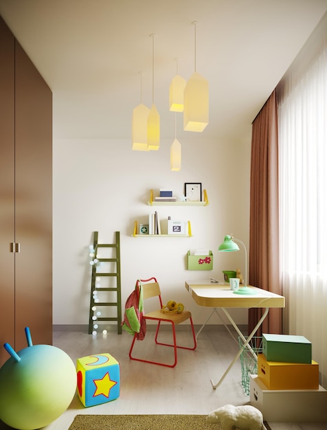 A multicolored childrens room with desk a variety of designer toys and decor