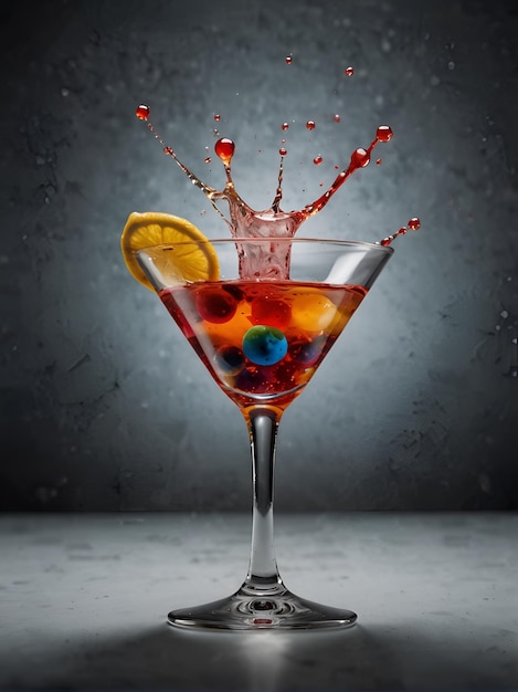 Multicolored cocktail with berries and citrus fruits sprinkles