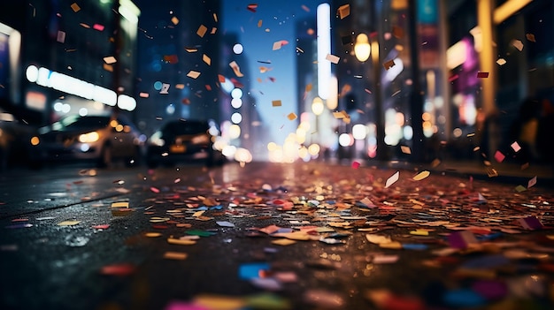 Multicolored confetti in the air on the street