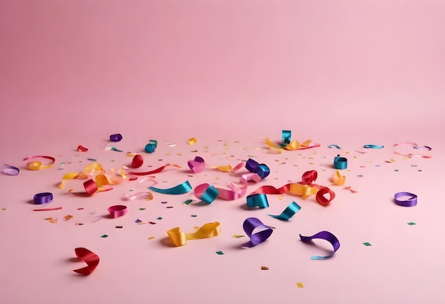 Multicolored confetti and curled ribbon streamers scattered on a pink surface