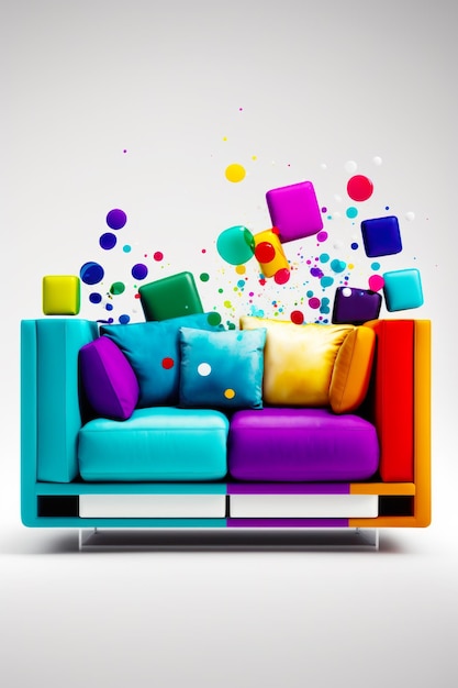 Multicolored couch with lot of pillows on top of it Generative AI