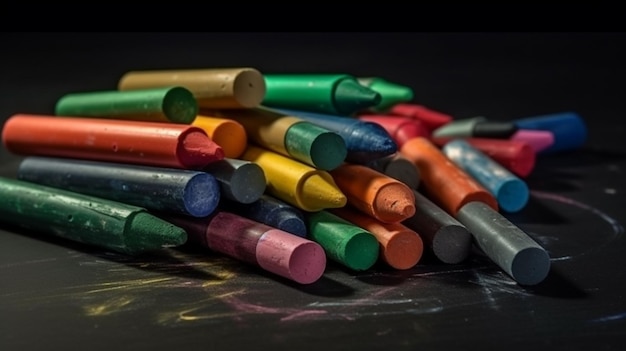 Multicolored crayons on the chalk ground