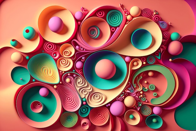 Multicolored curls of different sizes and colors on pink background 3d abstract