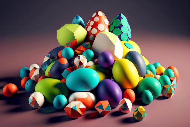 Multicolored decorated easter egg piled up on table