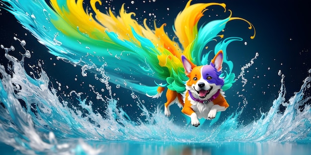 Multicolored dog in splashing water running stylized dog ai generated