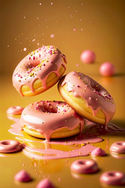 Photo multicolored donuts flying over colorful background with sprinkles and copy space