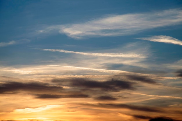 Multicolored dramatic clouds in the sky sunset