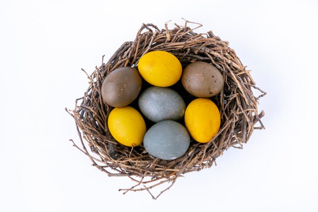 Multicolored Easter eggs in a bird's nest isolated on white background. Top view.