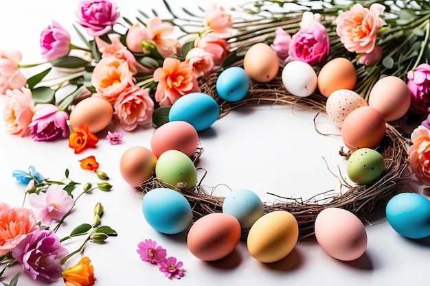 Multicolored Easter eggs frame with spring flowers Easter card with a space for text rustic Easter background AI generated