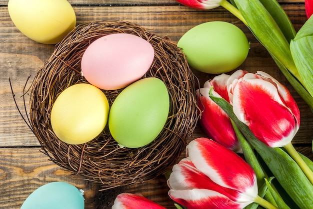 Multicolored Easter eggs with tulips flowers on wooden background,