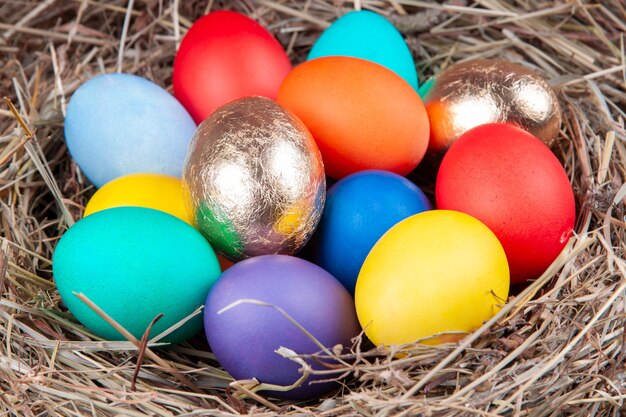 Multicolored eggs in nest in the hay. Concept easter.