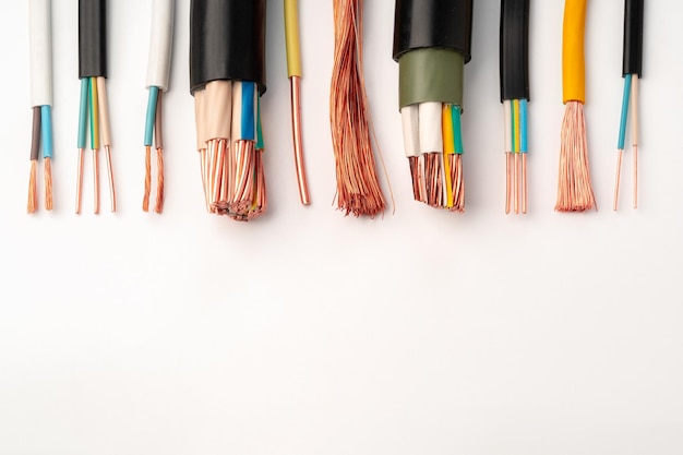 Photo multicolored electrical wires with exposed copper strands