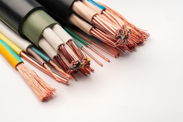 Photo multicolored electrical wires with exposed copper strands