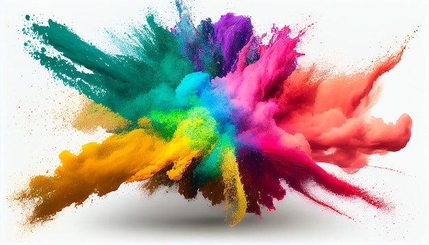 Multicolored explosion of rainbow holi powder paint isolated on white background Generative AI