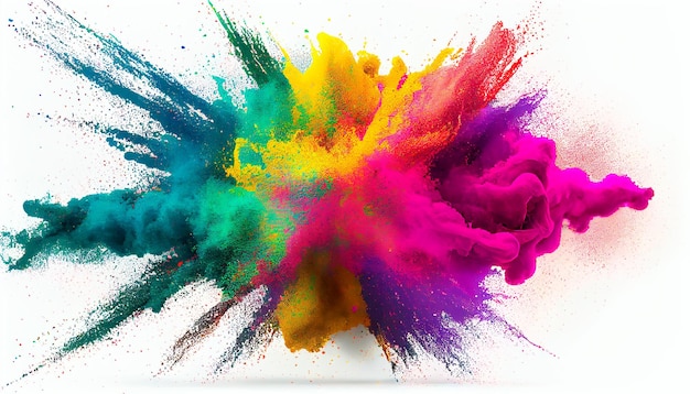 Multicolored explosion of rainbow holi powder paint isolated on white background Generative AI