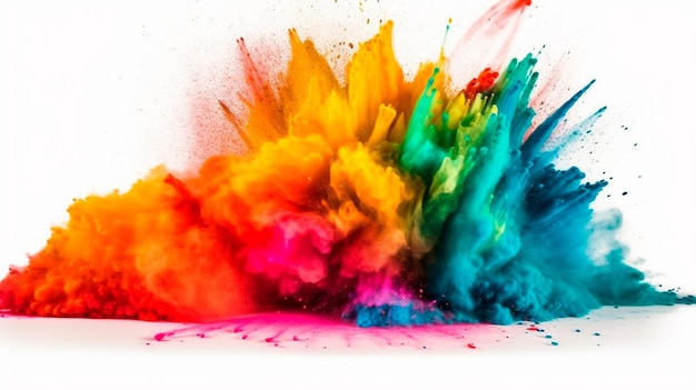 Multicolored explosion of rainbow holi powder paint isolated on white background Generative AI