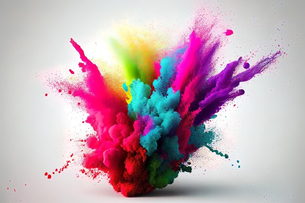 Multicolored explosion of rainbow holi powder paint isolated on white background Generative Ai