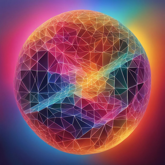 Photo multicolored faceted low poly sphere with glowing edges