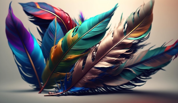 multicolored feathers on a light background Generative AI