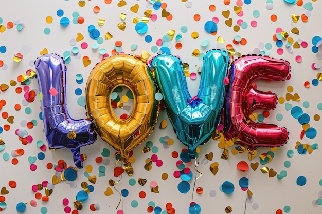 Photo multicolored foil balloons in the shape of the word love on a white background