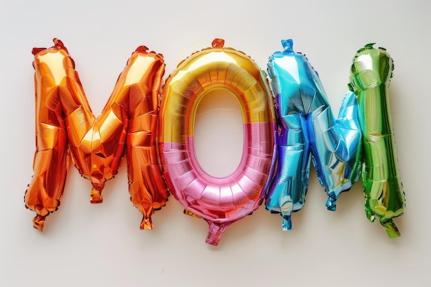 Photo multicolored foil balloons in the shape of the word mom on a white background