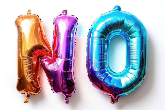 Photo multicolored foil balloons in the shape of the word no on a white background