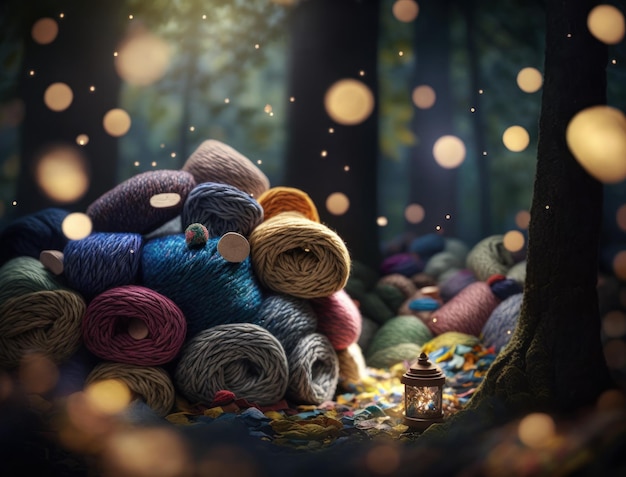 Multicolored forest made by wool yarn fabrics Created with Generative AI technology