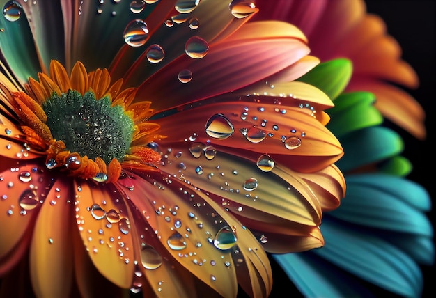 Multicolored gerbera flower macro shot of a water drops falling on a flower petals Generative ai