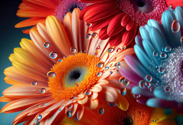 Multicolored gerbera flower macro shot of a water drops falling on a flower petals Generative ai