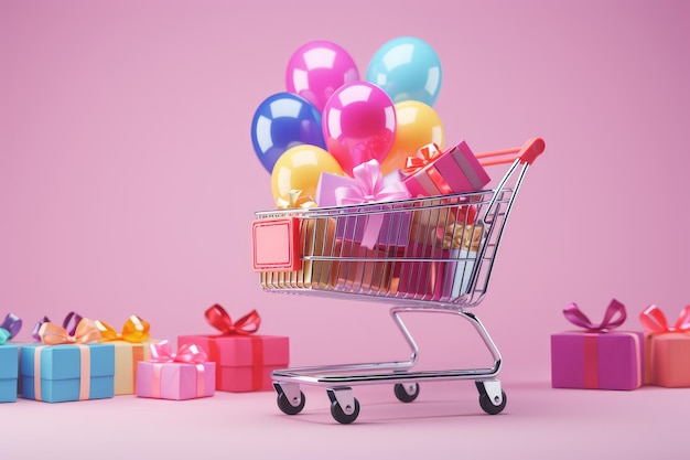 A multicolored gift filled cart on pink backdrop with negative space