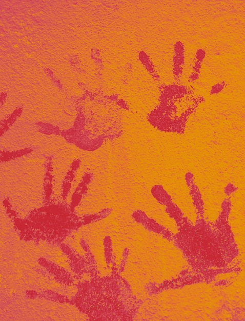 Photo multicolored hand prints smeared with paint on wall