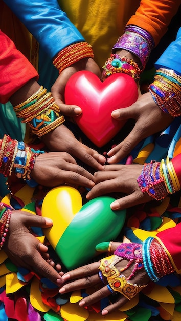 Multicolored hands from different cultures come together to form color scheme