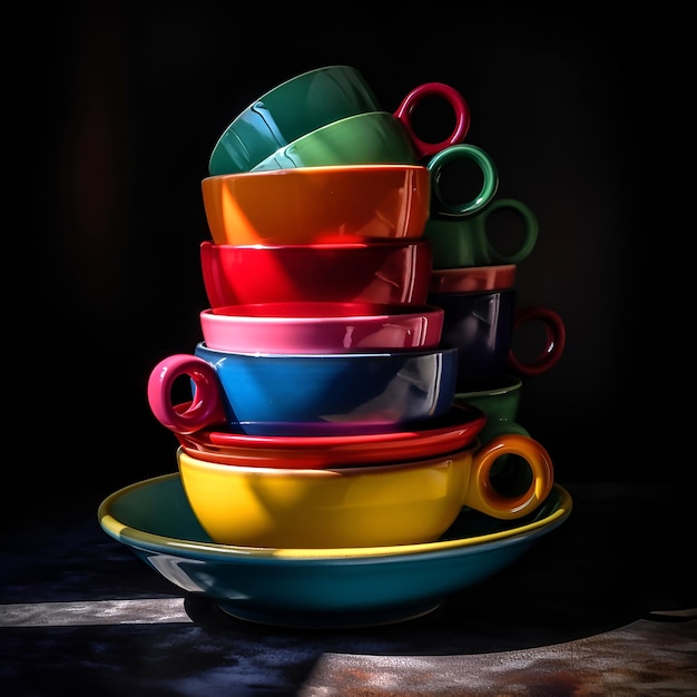 Multicolored household ceramic items Colorful crockery stacks of bowls and mugs AI generated