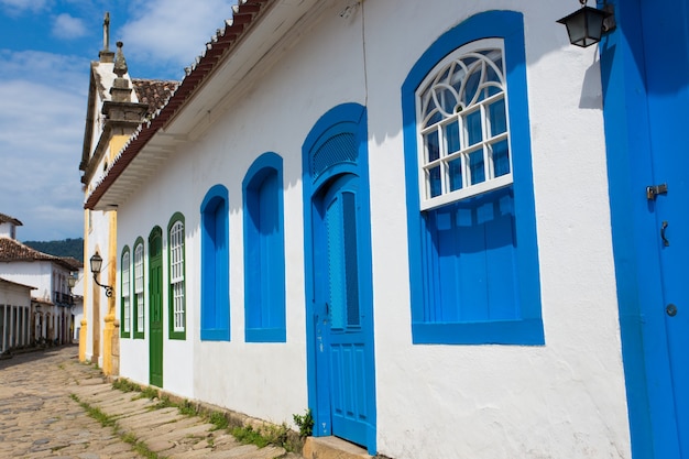 Multicolored houses on streets of the famous historical town Paraty, Brazil