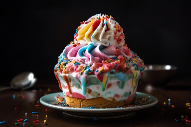 Multicolored ice cream sundae with whipped cream