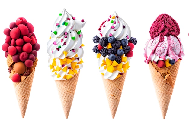 Multicolored ice cream in a waffle cone with pieces of berries and fruits on a white background Generative AI