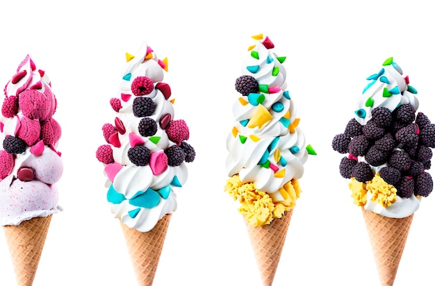 Multicolored ice cream in a waffle cone with pieces of berries and fruits on a white background Generative AI