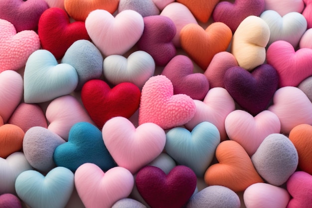 Multicolored knitted hearts in pastel colors love concept