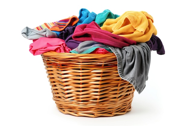 Multicolored laundry in a basket isolated on a white background