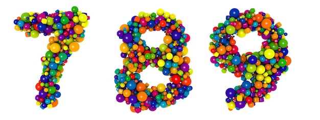 Multicolored letters number 7 8 9 Funny 3D illustration Glossy multicolored decorative balls text