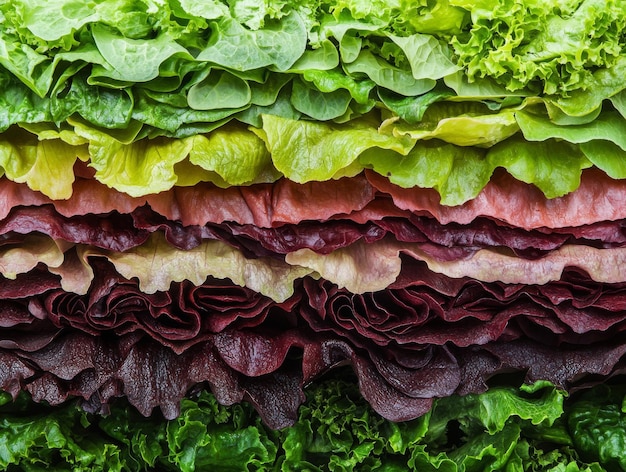 Photo multicolored lettuce leaves layered in a pattern