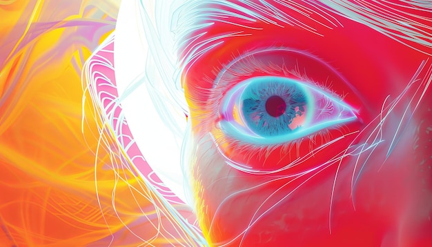 Photo multicolored lines radiate from a white circle forming a detailed human pupil against a vibrant 3d