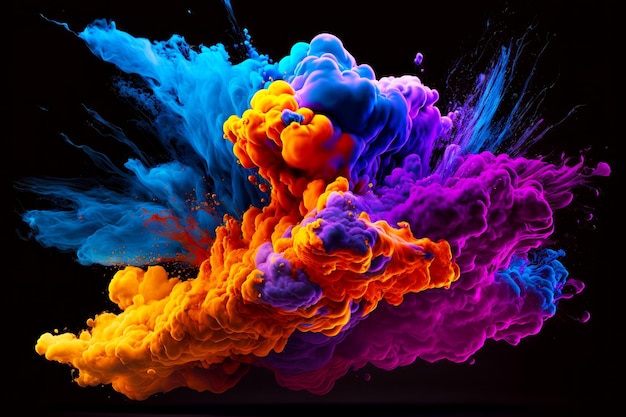 Multicolored liquid is being dropped into black liquid filled with blue red yellow and pink Generative AI