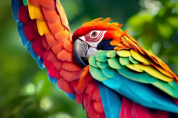 Multicolored macaw closeup Ara ararauna exotic bird