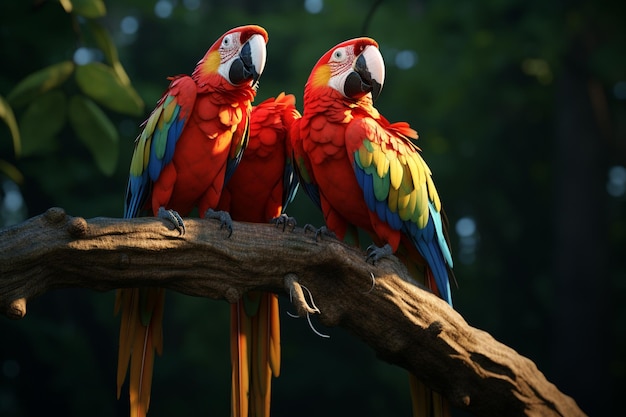 Multicolored macaws on perches