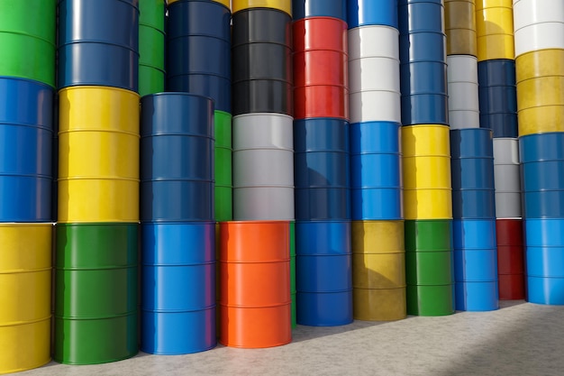 Multicolored metal barrels with oil and chemicals on the production site 3d render