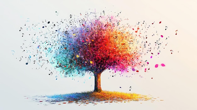 Multicolored music tree notes dispersed in the air